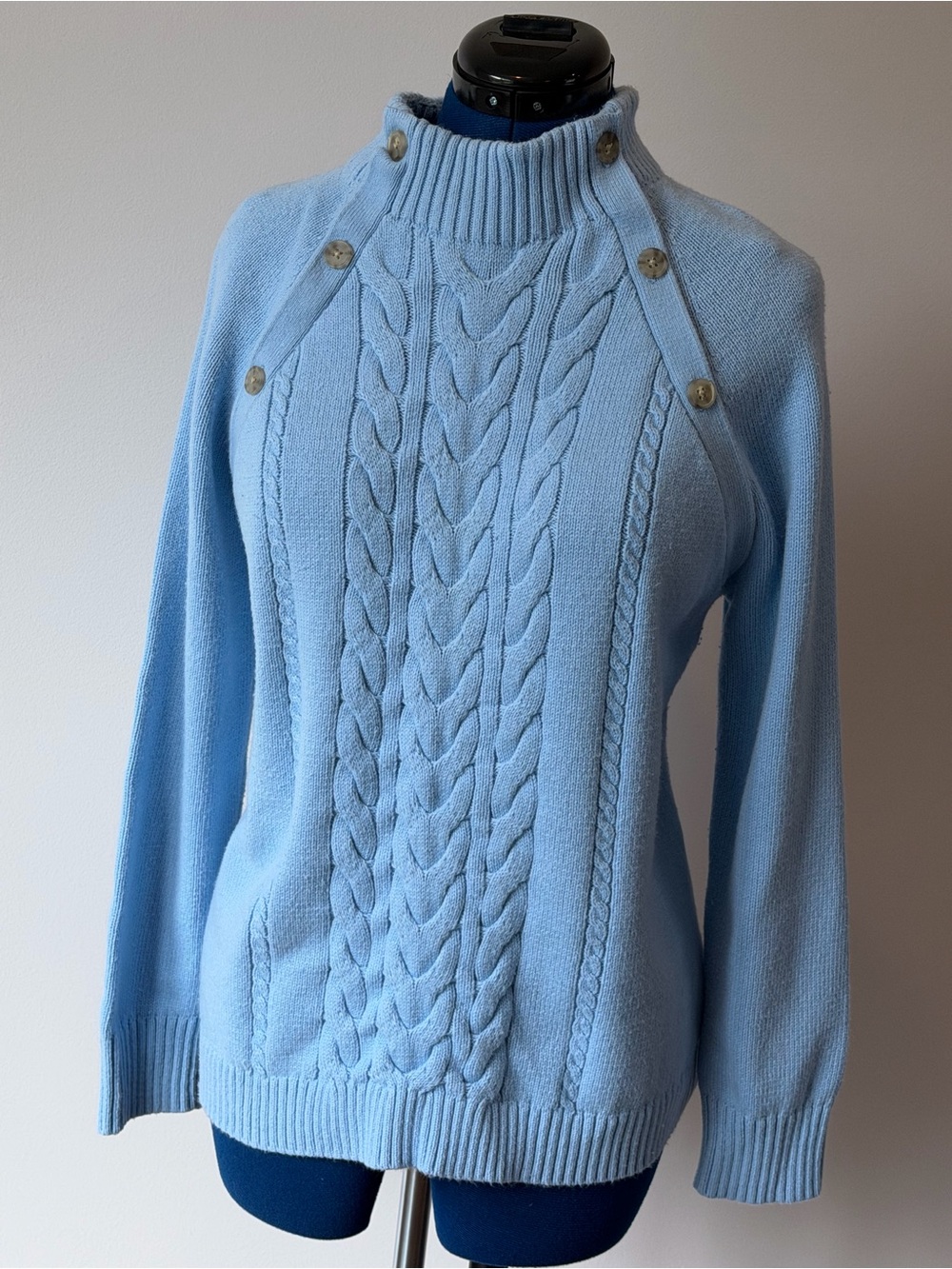 Talbots Light Blue Cable-Knit Button Mock Neck Sweater
